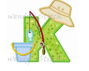 Fishing birthday applique letter K machine embroidery design instant download