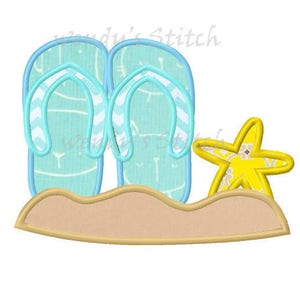 May include: A pair of blue flip flops with white stripes on a tan beach with a yellow starfish.
