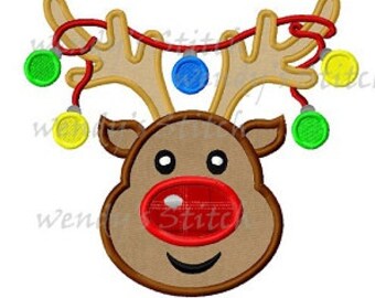 Christmas reindeer ornament lights machine embroidery digital applique