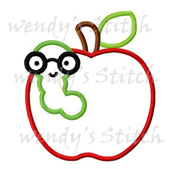 Apple Bookworm Applique Machine Embroidery Design Instant - Etsy