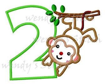 monkey birthday number 2 applique machine embroidery design