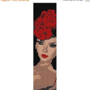 May include: A beaded bracelet pattern featuring a woman with a red hat and black hair. The pattern is made up of small, colorful beads.