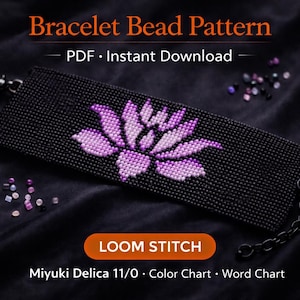 Instant Download Beading Pattern Loom Stitch Bracelet Purple Lotus Seed Bead Cuff