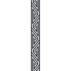 May include: A beaded bracelet with a geometric pattern in black, white, and grey. The design features a series of zigzags and vertical lines, creating a striking contrast. The beads are small and evenly spaced, giving the bracelet a textured appearance.