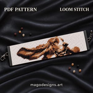 May include: A rectangular loom stitch beaded bracelet featuring a brown, black, and white dog portrait. The bracelet has black end bars, a lobster clasp, and an extender chain. Text reads PDF PATTERN, LOOM STITCH, and magadesigns.art.