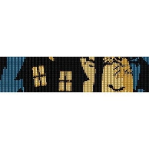 May include: A beaded bracelet with a black and gold design featuring a house with windows and a person's face.