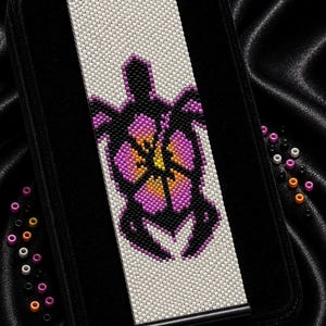 May include: A rectangular beaded bracelet featuring a peyote stitch pattern of a black sea turtle with a pink, orange, and yellow floral shell design on a white background. The text reads Bracelet Bead Pattern, PDF, Instant Download, PEYOTE STITCH, Miyuki Delica 11/0, Color Chart, Word Chart.