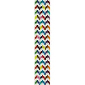 May include: A colorful chevron pattern beaded bracelet with white beads as the background. The bracelet features a variety of colors including red, orange, yellow, green, blue, purple, and pink.