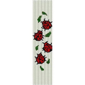 May include: A beaded bookmark with a design of four red ladybugs with black spots and green leaves on a white background.