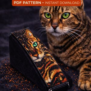 Tiger Cat Peyote Stitch Bracelet Pattern, Seed Bead Cuff (PDF Download)