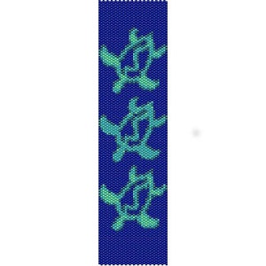 May include: A beaded bookmark with a dark blue background and three turquoise sea turtle designs. The turtles are evenly spaced vertically, and the bookmark is rectangular.