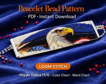 American Eagle Loom Bracelet Pattern, Miyuki Delica Seed Bead Cuff, Bald Eagle Beading Pattern, Instant Download PD