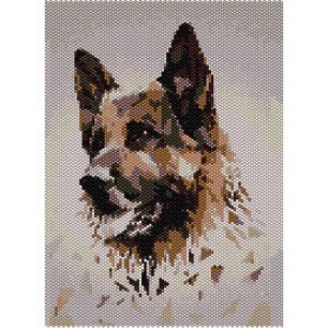 May include: A close-up portrait of a German Shepherd dog with brown and black fur. The dog's head is turned to the side, and its eyes are looking directly at the viewer. The dog's fur is soft and fluffy, and its ears are perked up.