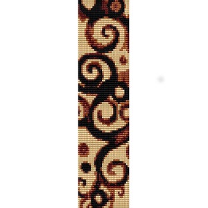 May include: A beaded bracelet with a brown and black pattern of swirling designs.