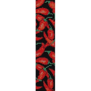 May include: A black background with a repeating pattern of red chili peppers with green stems.