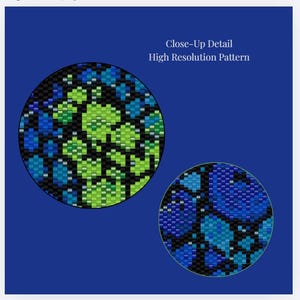 May include: Two circular insets display a high-resolution pattern of small, square-shaped pixels in shades of lime green, bright blue, and dark blue, separated by black outlines. The text "Close-Up Detail High Resolution Pattern" appears above.