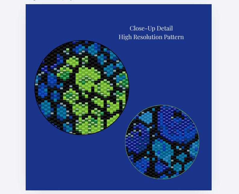 May include: Two circular insets display a high-resolution pattern of small, square-shaped pixels in shades of lime green, bright blue, and dark blue, separated by black outlines. The text "Close-Up Detail High Resolution Pattern" appears above.