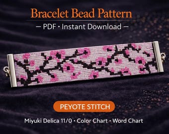 Instant Download Beading Pattern Peyote Stitch Bracelet Pink Cherry Blossom Seed Bead Cuff