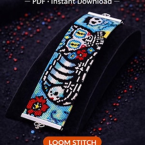 Instant Download Beading Pattern Loom Stitch Bracelet Sugar Skull Cat Seed Bead Cuff
