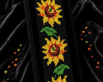May include: A rectangular beaded bracelet featuring a sunflower pattern with yellow, orange, and green beads on a black background. The text reads Bracelet Bead Pattern, PDF, Instant Download, LOOM STITCH, Miyuki Delica 11/0, Color Chart, Word Chart.