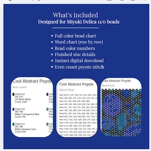 May include: A digital pattern for Miyuki Delica 11/0 beads featuring a blue background with white text listing inclusions like a full color bead chart, word chart, bead color numbers, finished size details, and even count peyote stitch.