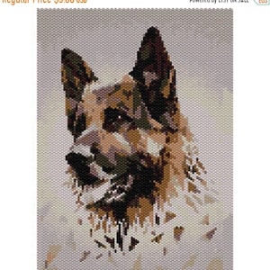 May include: A beaded portrait of a German Shepherd dog with brown, black, and white beads. The dog is looking to the right of the image.