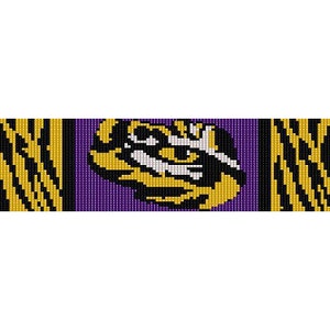 May include: A purple and gold beaded bracelet with a tiger head design. The tiger head is made of white, yellow, and black beads.
