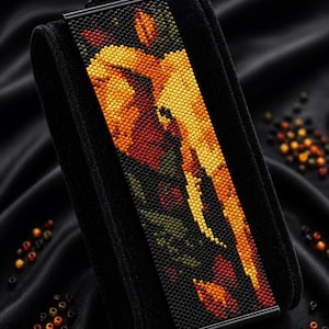 May include: A beaded bracelet featuring a vibrant pattern of yellow, orange, red, and dark green beads. The text "Bracelet Bead Pattern", "PDF", "Instant Download", "PEYOTE STITCH", and "Miyuki Delica 11/0 Color Chart Word Chart" is visible.
