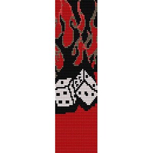 May include: A red, black, and white beaded bracelet with a dice pattern and flame design.
