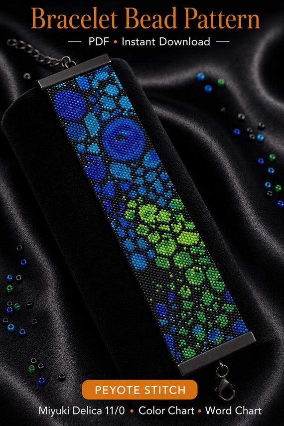 Abstract Peyote Bracelet Pattern, Geometric Seed Bead Cuff, Blue Green Miyuki Delica 11/0 Beading Pattern PDF