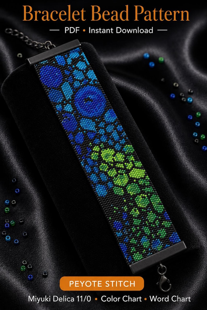 May include: A wide bracelet featuring a peyote stitch bead pattern with a gradient of blue and green circular shapes on a black background. The text reads Bracelet Bead Pattern, PDF, Instant Download, PEYOTE STITCH, Miyuki Delica 11/0, Color Chart, Word Chart.