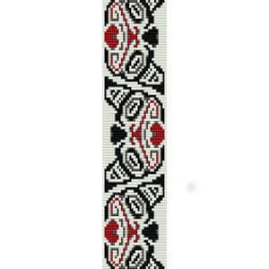 May include: Black and white beaded bracelet with a repeating pattern of stylised animal faces. The faces have red hearts in the centre.