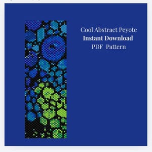 May include: A rectangular digital graphic featuring a beadwork pattern with blue, green, and black hexagonal shapes. The text reads: Cool Abstract Peyote, Instant Download, PDF Pattern. The background is a solid dark blue color.