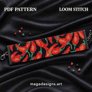 May include: A rectangular beaded bracelet featuring a repeating chili pepper pattern in shades of red, orange, and green against a black background. The piece includes metal end bars, a lobster clasp, and an extender chain. Text reads PDF PATTERN LOOM STITCH.