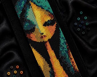Emerald Eclipse Peyote Bracelet Pattern, Woman Face Seed Bead Cuff, Miyuki Delica 11/0, PDF Instant Download