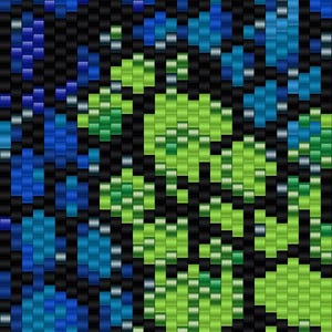 May include: A rectangular beadwork pattern featuring a gradient of circular and geometric shapes. The design transitions from deep navy and bright blue at the top to vibrant lime green at the bottom, all set against a solid black background.