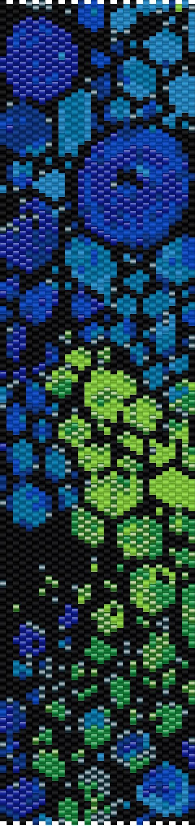 May include: A rectangular beadwork pattern featuring a gradient of circular and geometric shapes. The design transitions from deep navy and bright blue at the top to vibrant lime green at the bottom, all set against a solid black background.