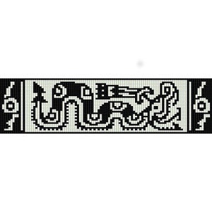 May include: Black and white pixel art design of a stylized serpent or dragon with a geometric pattern. The design is framed by two vertical black lines with a small geometric pattern at the top and bottom.