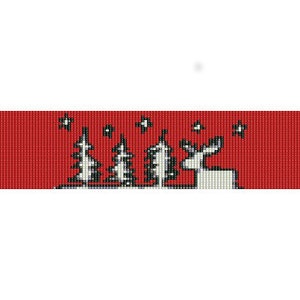 May include: A red beaded bracelet with a white design of a deer, trees, and stars.