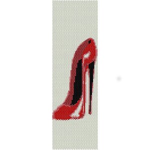 May include: A beaded design of a red high-heeled shoe with a black sole and heel. The shoe is set against a light gray background. The stiletto heel is long and slender.