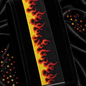 May include: A beaded bracelet pattern with a flame design in yellow, orange, and black. The text "Bracelet Bead Pattern" and "PDF • Instant Download" are at the top. The text "PEYOTE STITCH" and "Miyuki Delica 11/0 • Color Chart • Word Chart" are at the bottom.