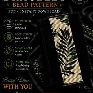 Peut inclure: Un modèle PDF numérique pour un bracelet tissé sur métier à perles avec un motif de feuille tropicale en perles noires, crème et vertes. Le document comprend un nuancier, un tableau de mots et des instructions pour les perles Miyuki Delica 11/0.