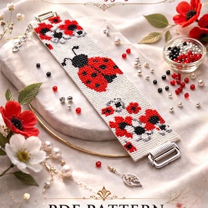 Modèle PDF de bracelet en point de croix peyotl fleurs coccinelles (téléchargement instantané)