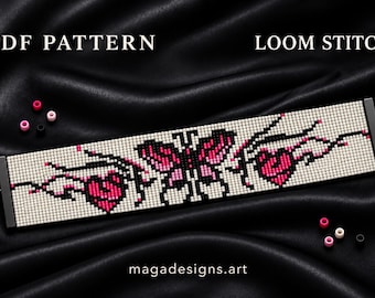 Patrón de telar de cuentas para tatuaje de mariposa y corazón, marcapáginas de cuentas, arte de pared con cuentas, dije para espejo retrovisor de coche, pulsera en formato PDF.