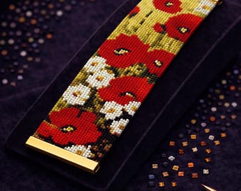Patrón de cuentas Peyote para pulsera Amapolas 1 Brazalete de cuentas pequeñas