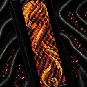 May include: A rectangular bracelet bead pattern featuring a phoenix design in shades of orange, yellow, and deep red. The text reads Bracelet Bead Pattern, PDF, Instant Download, Loom Stitch, Miyuki Delica 11/0, Color Chart, and Word Chart.