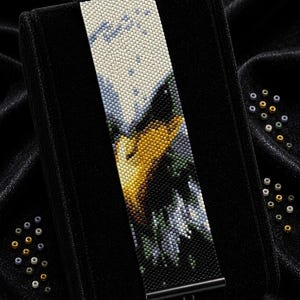 May include: A beaded bracelet pattern in a peyote stitch design. The bracelet features a colourful design with yellow, blue, and white beads. The text "Bracelet Bead Pattern" and "PDF - Instant Download" are at the top. The text "PEYOTE STITCH" and "Miyuki Delica 11/0" are at the bottom.