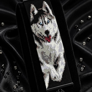 May include: A black bracelet with a beaded pattern of a husky dog. The bracelet features the text "Bracelet Bead Pattern - PDF • Instant Download -" and "LOOM STITCH". The bracelet is displayed on a black velvet surface.