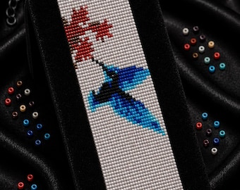 May include: A bracelet bead pattern PDF featuring a loom stitch design of a blue hummingbird approaching a red flower on a white background. The text reads Bracelet Bead Pattern, PDF Instant Download, LOOM STITCH, Miyuki Delica 11/0, Color Chart, Word Chart.