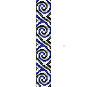 May include: A beaded bracelet with a repeating pattern of black, white, and blue spirals.